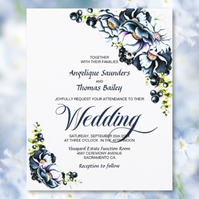 Budget Blue Grey Floral Wedding Invitation (Creator Uploaded)