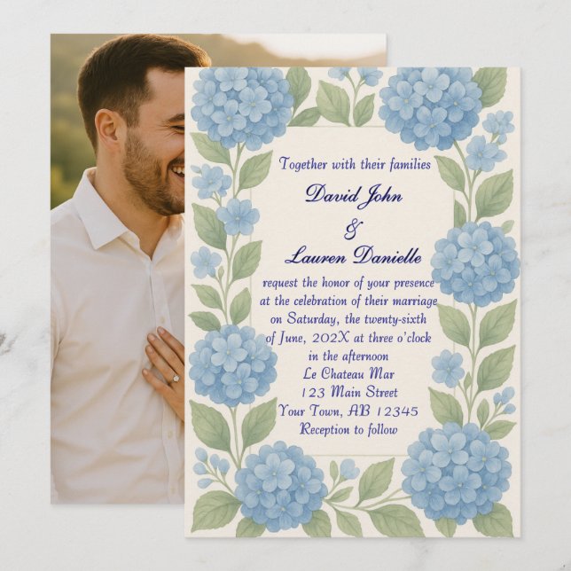 Budget Blue Hydrangea Photo Wedding Invitation (Front/Back)