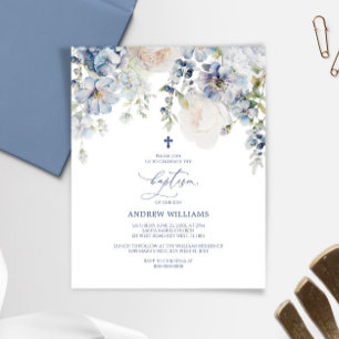 BUDGET Blue Hydrangea & Roses Baptism Invitation