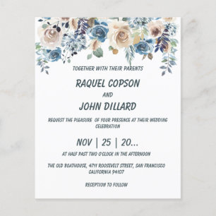 Budget.Blue,ivory,cream roses Wedding Invitation