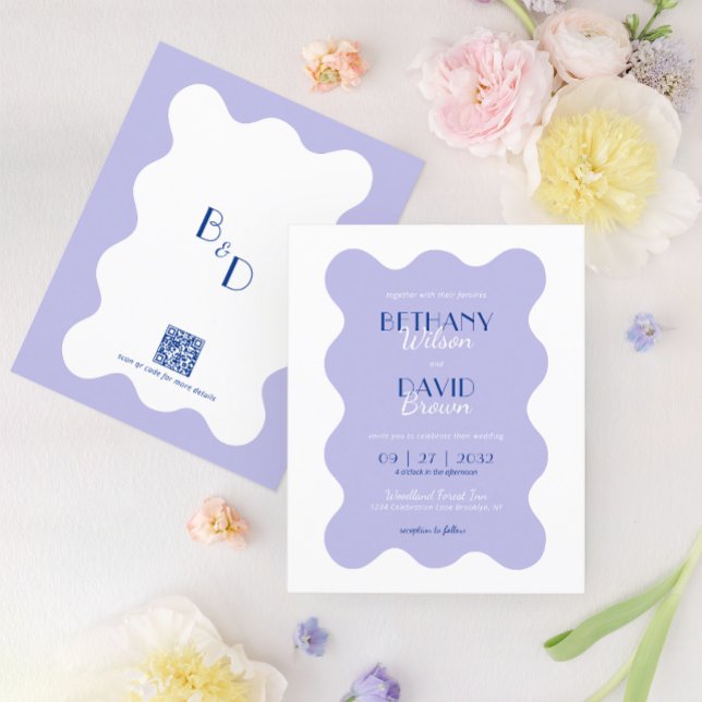 BUDGET Blue Lavender Wave Monogram QR Code Wedding (Creator Uploaded)