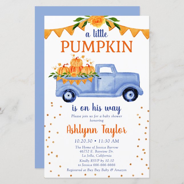 Budget Blue Little Pumpkin Baby Shower Invitation (Front/Back)