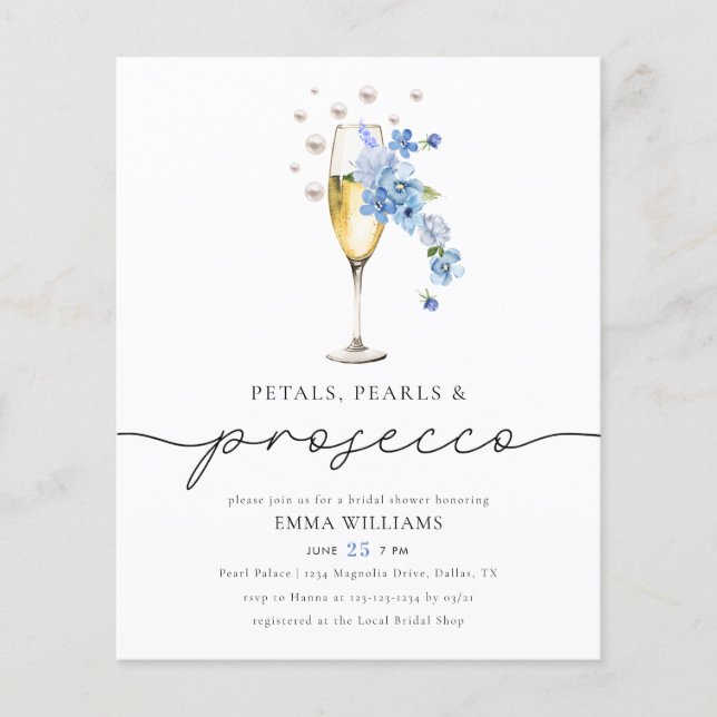 BUDGET Blue Petals Pearls & Prosecco Bridal Shower Flyer (Front)