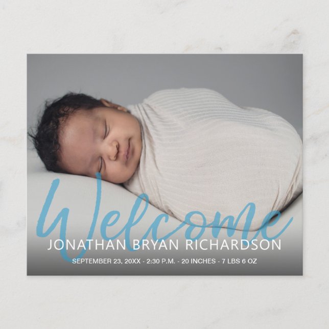 Budget Blue Photo Welcome Birth Announcement Flyer (Front)