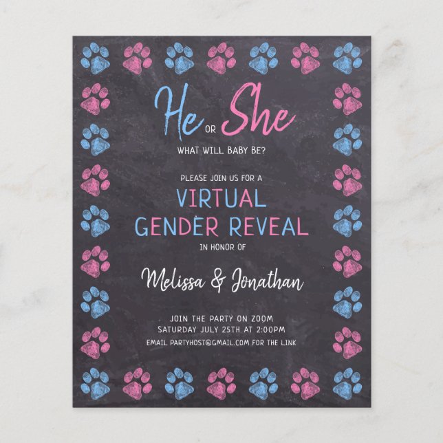Budget Blue Pink Chalkboard Virtual Gender Reveal (Front)