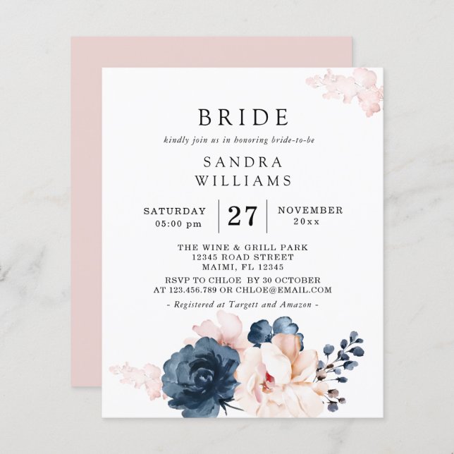 Budget Blue,  Pink Floral Bridal Shower Flayer (Front/Back)