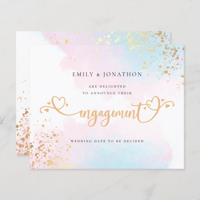Budget Blue Pink Watercolor Engagement Announce (Front/Back)