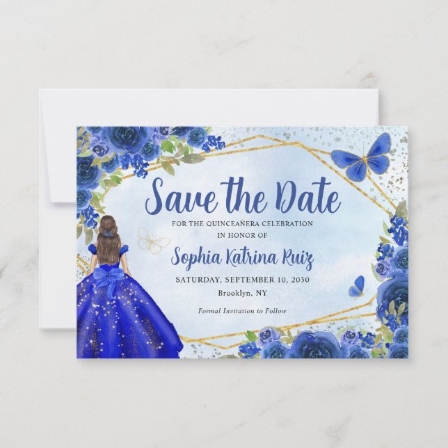 Budget Blue Princess Quinceañera Save the Date Card (Front)