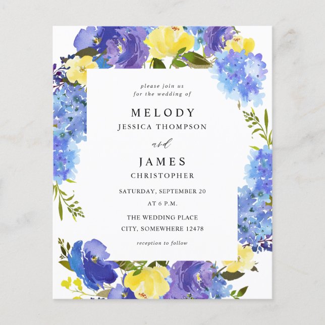 Budget Blue Purple & Yellow Floral Wedding Flyer (Front)