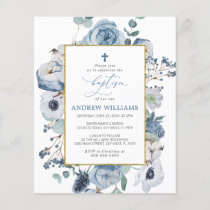 Budget Blue Rose Flowers Baptism Invitation