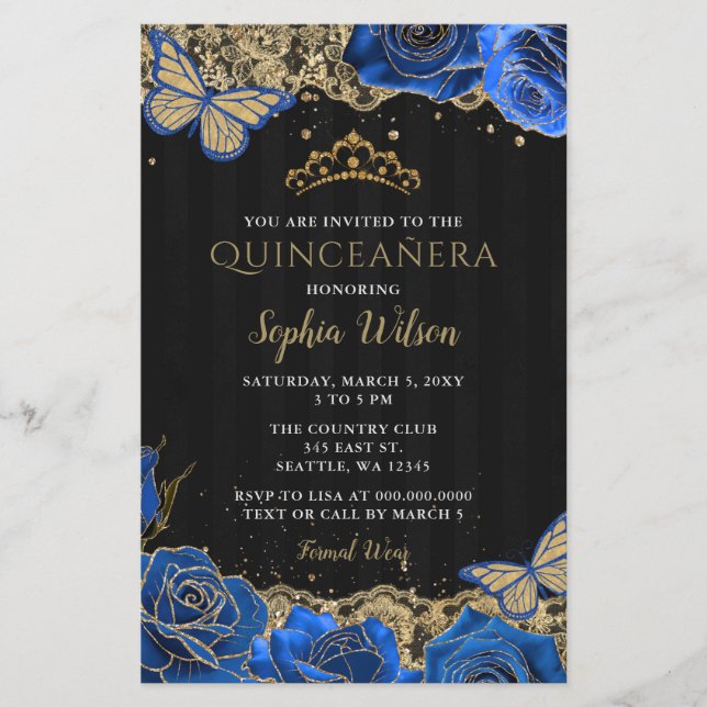 Budget Blue Roses Black GoldQuinceañera Invitation (Front)