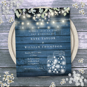 Budget Blue Rustic Lights Mason Jar Wedding Invite