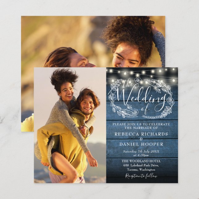 Budget Blue Rustic Wood 2 Photo Wedding Invite (Front/Back)