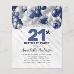 Budget Blue Silver Balloon Glitter 21st Birthday<br><div class="desc">Modern Glam Navy Blue Silver Balloon Glitter Sparkle Any Age Birthday Invitation</div>