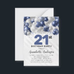 Budget Blue Silver Balloon Glitter 21st Birthday Card<br><div class="desc">Modern Glam Navy Blue Silver Balloon Glitter Sparkle Any Age Birthday Invitation</div>