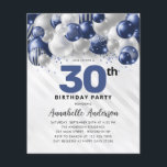 Budget Blue Silver Balloon Glitter 30th Birthday<br><div class="desc">Modern Glam Navy Blue Silver Balloon Glitter Sparkle Any Age Birthday Invitation</div>
