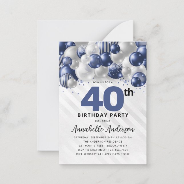 Budget Blue Silver Balloon Glitter 40th Birthday Card (Front)