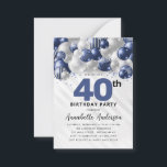 Budget Blue Silver Balloon Glitter 40th Birthday Card<br><div class="desc">Modern Glam Navy Blue Silver Balloon Glitter Sparkle Any Age Birthday Invitation</div>