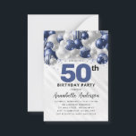 Budget Blue Silver Balloon Glitter 50th Birthday Card<br><div class="desc">Modern Glam Navy Blue Silver Balloon Glitter Sparkle Any Age Birthday Invitation</div>