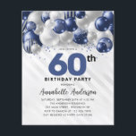 Budget Blue Silver Balloon Glitter 60th Birthday<br><div class="desc">Modern Glam Navy Blue Silver Balloon Glitter Sparkle Any Age Birthday Invitation</div>