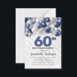Budget Blue Silver Balloon Glitter 60th Birthday Card<br><div class="desc">Modern Glam Navy Blue Silver Balloon Glitter Sparkle Any Age Birthday Invitation</div>