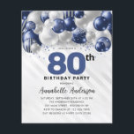 Budget Blue Silver Balloon Glitter 80th Birthday<br><div class="desc">Modern Glam Navy Blue Silver Balloon Glitter Sparkle Any Age Birthday Invitation</div>
