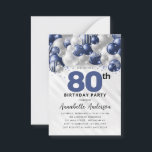 Budget Blue Silver Balloon Glitter 80th Birthday Card<br><div class="desc">Modern Glam Navy Blue Silver Balloon Glitter Sparkle Any Age Birthday Invitation</div>