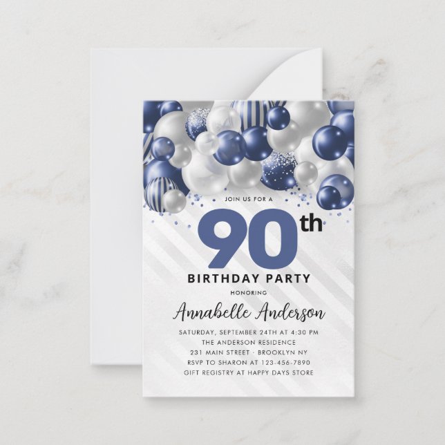 Budget Blue Silver Balloon Glitter 90th Birthday Card (Front)