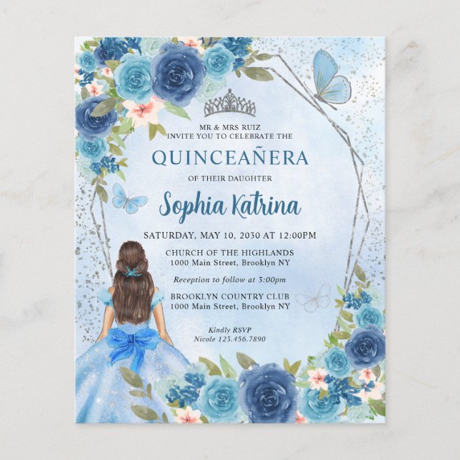 Budget Blue Silver Floral Princess Quinceañera (Front)