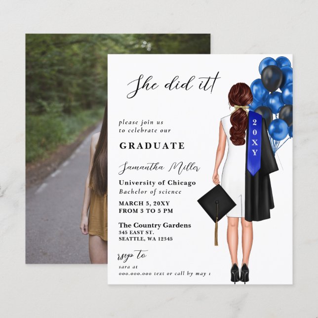 Budget Blue Simple Photo She Did It Graduation (Front/Back)