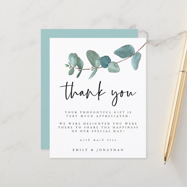 Budget Blue Teal Eucalyptus Wedding Thank You (Front/Back In Situ)