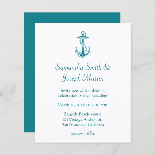 Budget Blue Teal Vintage Anchor Wedding Invitation (Front/Back)