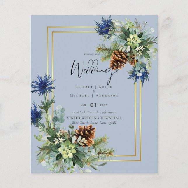 BUDGET  Blue Thistle Eucalyptus Wedding Wonderland Flyer (Front)