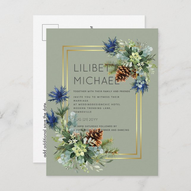 BUDGET  Blue Thistle Eucalyptus Wedding Wonderland Postcard (Front/Back)