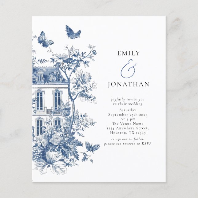 Budget Blue Toile De Jouy QR Code Wedding Invite (Front)