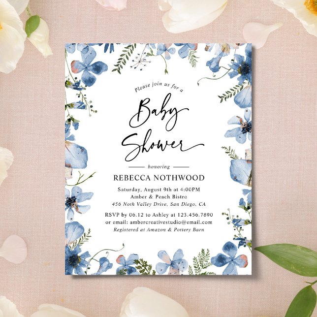 Budget Blue Violet Floral Baby Shower Invitation (Creator Uploaded)