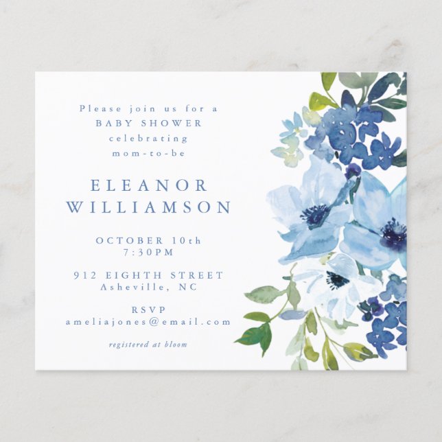 Budget Blue Watercolor Floral Baby Shower Invite (Front)