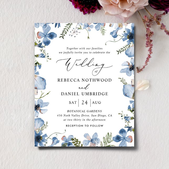 Budget Blue Watercolor Floral Wedding Invitation (Creator Uploaded)