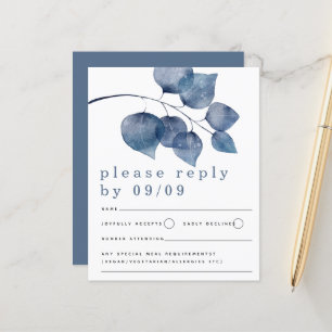 Budget Blue Watercolor Foliage Wedding RSVP