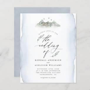 Budget Blue Watercolor Leaves & Mountain Wedding