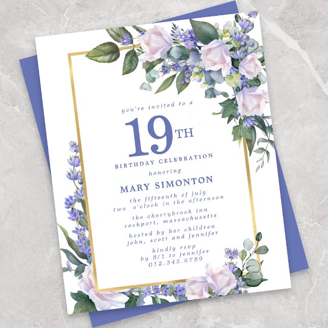 Budget Blue White Floral 19th Birthday Invitation (Creator Uploaded)