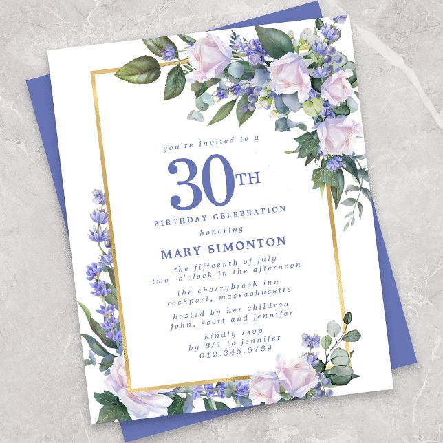 Budget Blue White Floral 30th Birthday Invitation (Creator Uploaded)