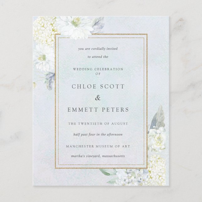 Budget Blue White Floral Wedding Invitation (Front)