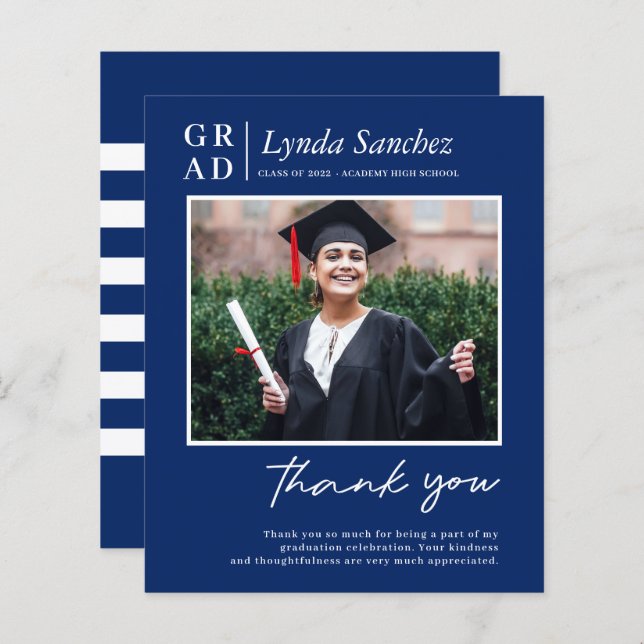 Budget Blue White Photo Graduation Thank You (Front/Back)