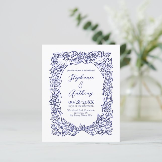 Budget Blue White Wildflower Bird Drawing Wedding (Standing Front)