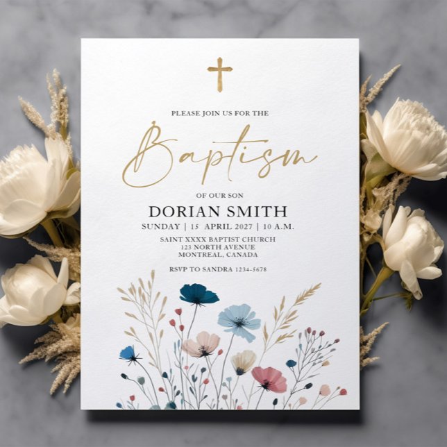 Budget Blue Wild Flowers Boy Baptism invitation (Creator Uploaded)