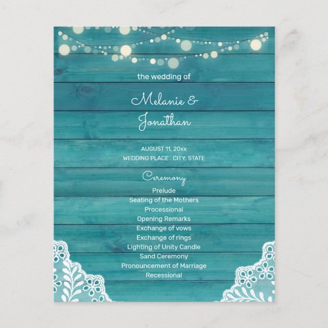 Budget Blue Wood, Lights, Lace Wedding Ceremony Flyer (Front)
