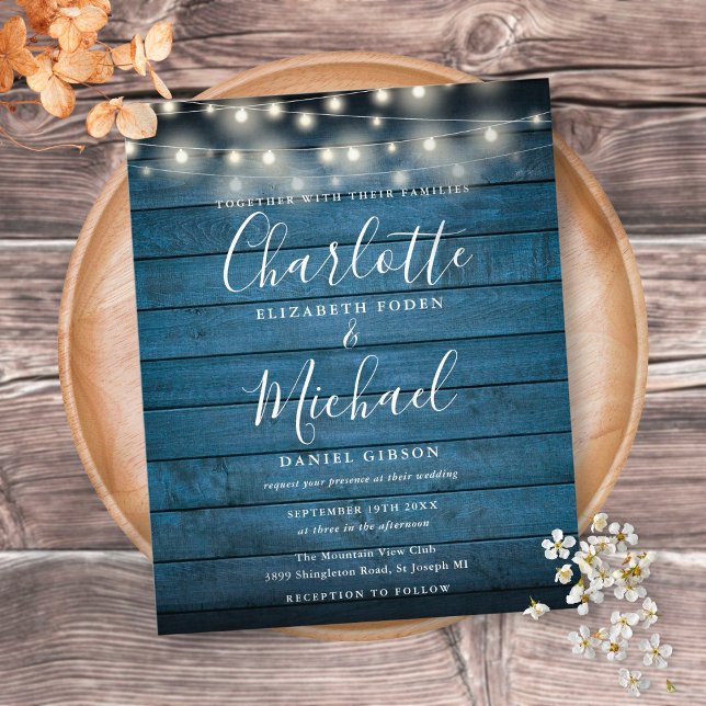 Budget Blue Wood String Lights Wedding Invitation (Creator Uploaded)