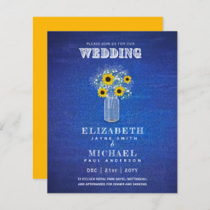 BUDGET Blue Yellow Sunflowers Wedding Invite