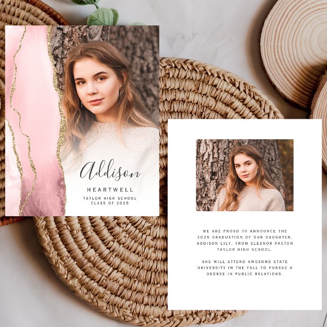 Budget Blush Agate Photo Graduation Announcement (Creator Uploaded)